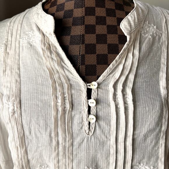 St. Tropez West Linen Blouse Small Pleated Beige 3/4 Bell Sleeve Tunic Shirt Top - Picture 5 of 7